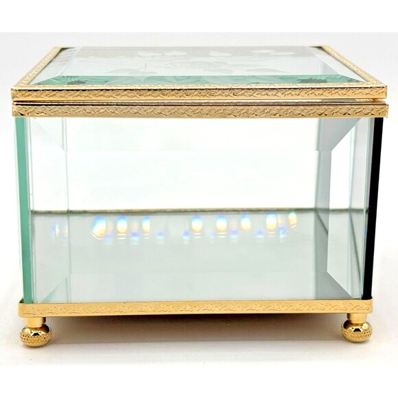 Crystal Glass Mirrored Jewelry Trinket Box Beveled Footed Etched Flower Embossed - Picture 2 of 16